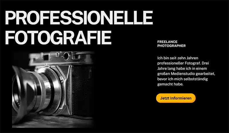 Schwarz-Weiß-Fotografie einer alten Kamera mit Text über professionelle Fotografie und Freelance-Tätigkeit, sowie ein Button 'Jetzt Informieren'. Thema: Professionelle Fotografie Dienstleistungen.