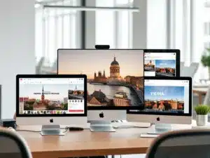 Verschiedene Social-Media-Plattformen auf Geräten mit Wiener Inhalten