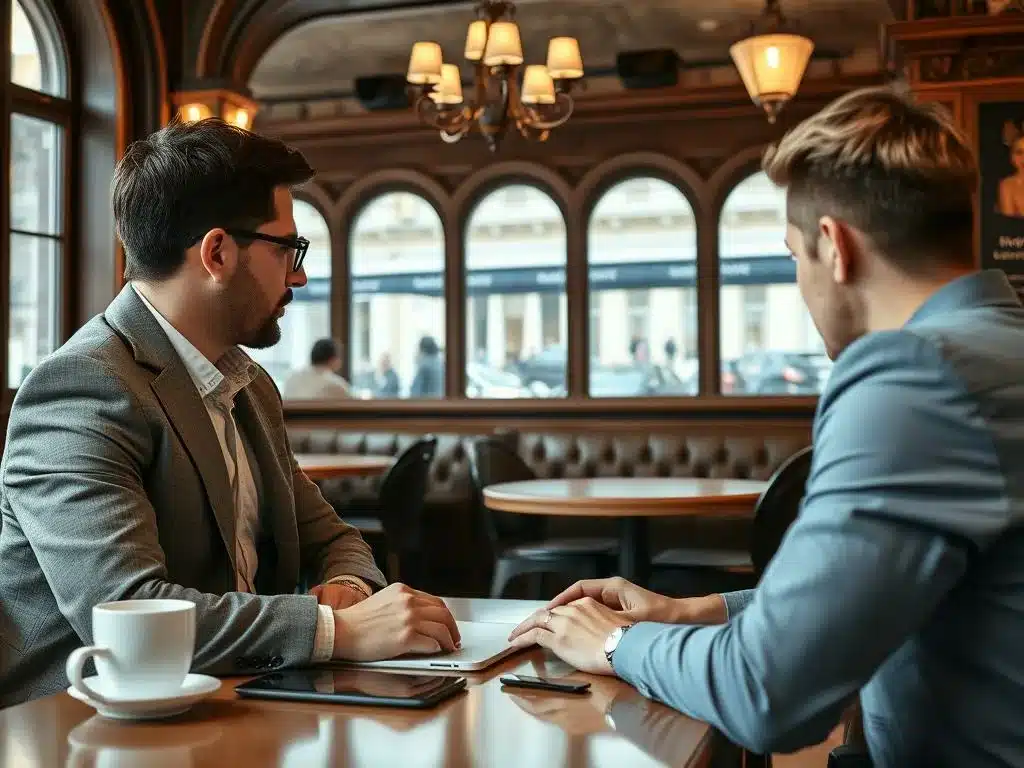 Wiener Café mit Kunde, der auf einem Laptop eine professionelle Webseite betrachtet Wiener Café mit Kunde, der auf einem Laptop eine professionelle Webseite betrachtet